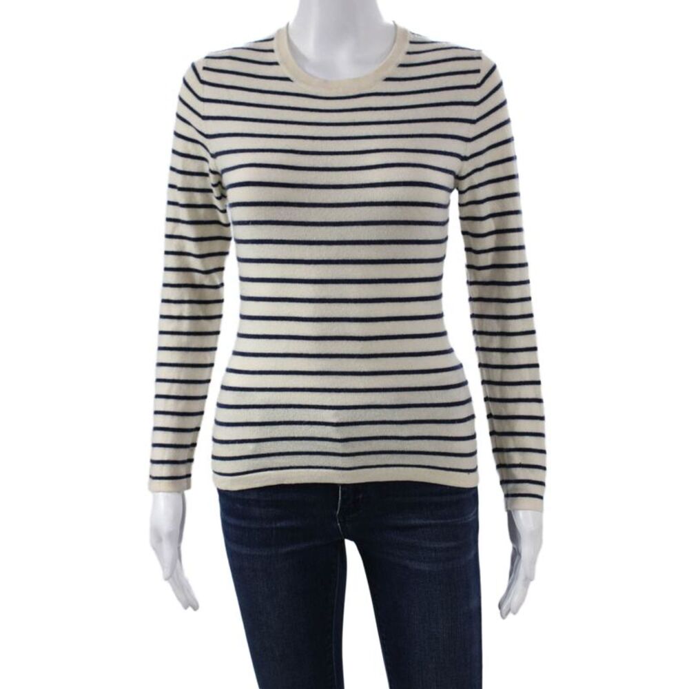 N.Peal Womens Cashmere Striped Crewneck Pullover Sweater Ivory Size XS